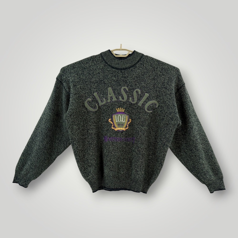 Vintage I.O.U. Classic Club Sweater Mens Medium Green Marled Knit 90s Mock Neck